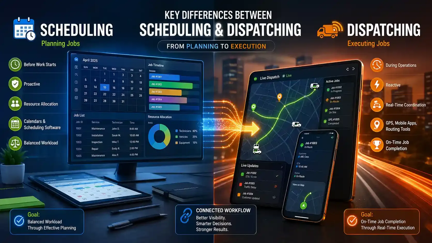 Scheduling vs dispatching: planning dashboard and real-time tracking UI